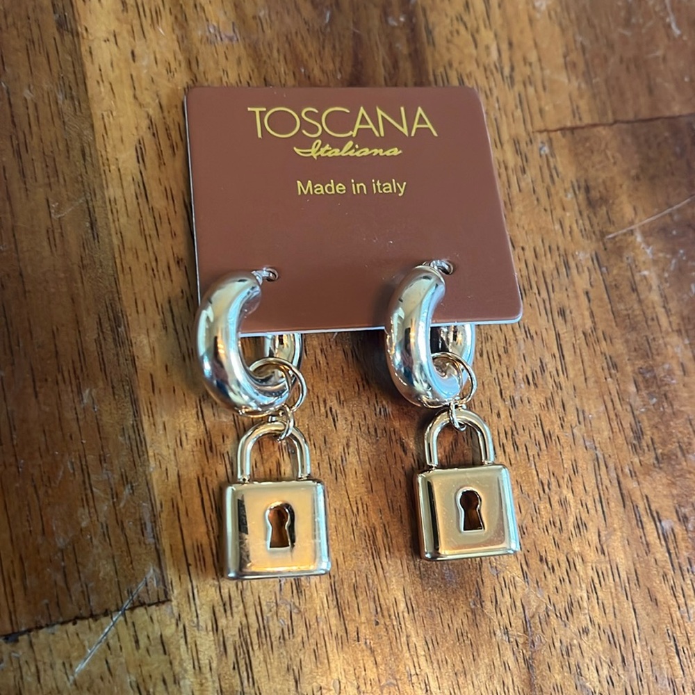 18KY Plated Lock and Key Style Women’s Hoop Earrings with Dangles, Made in Italy